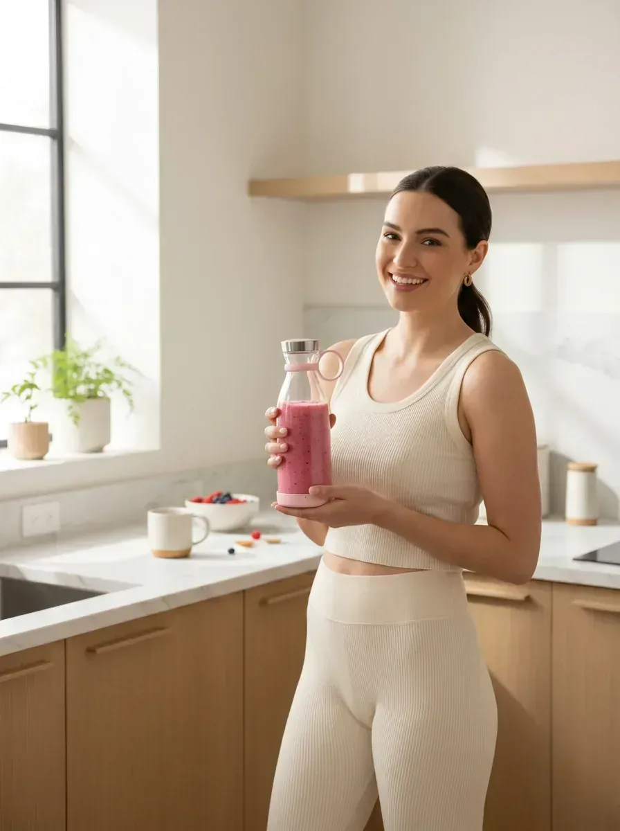 Femme souriante tenant le blender nomade GoSip dans sa cuisine